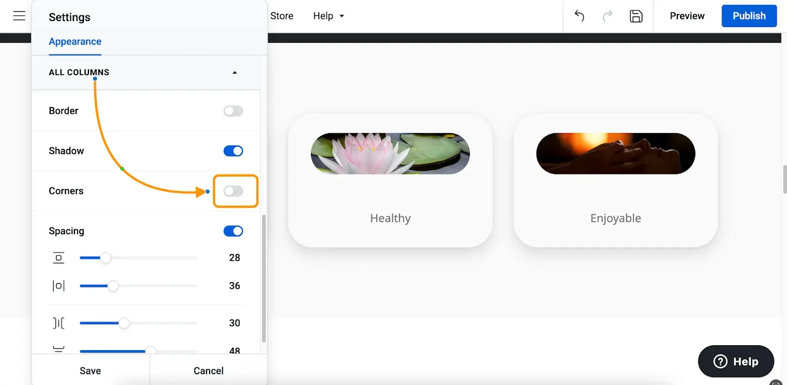 The corners toggle inside the custom block settings