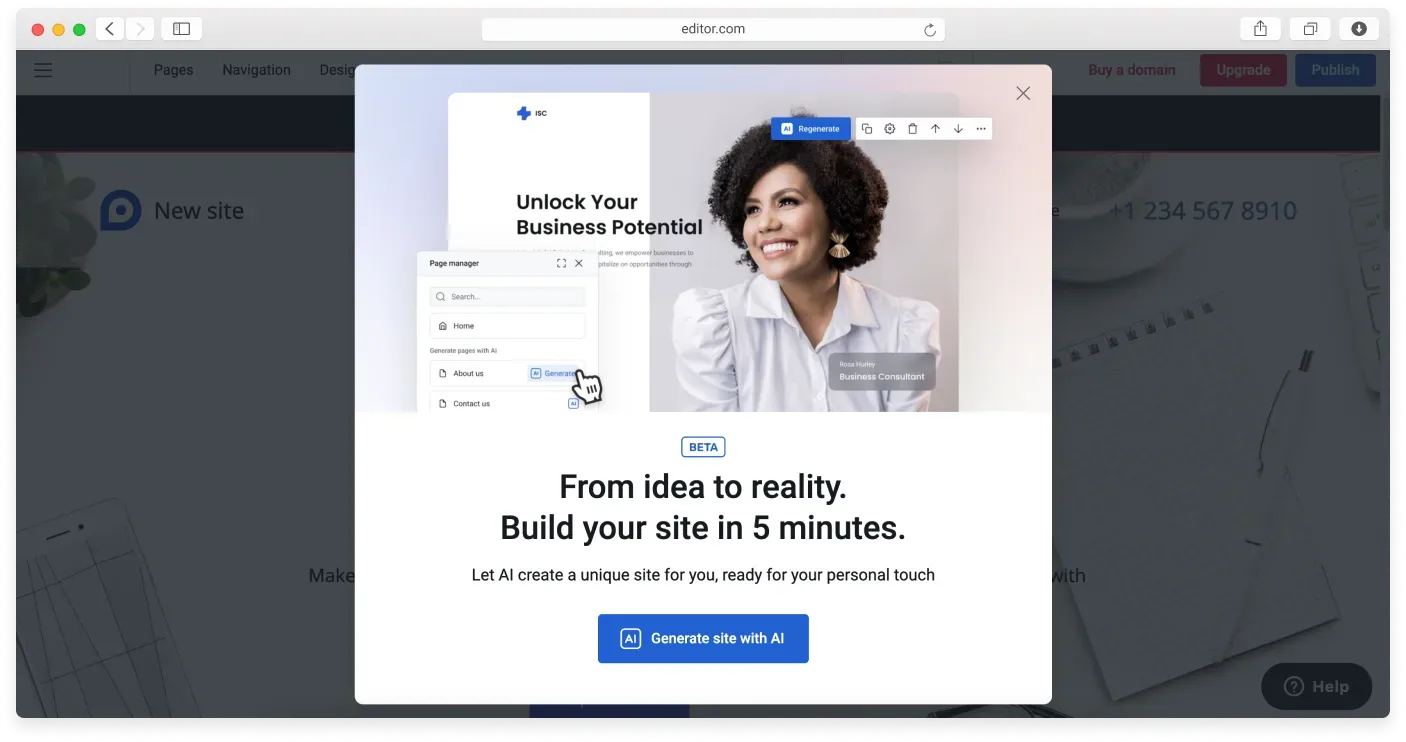 The AI content banner with the blue Generate site with AI button in the setup wizard