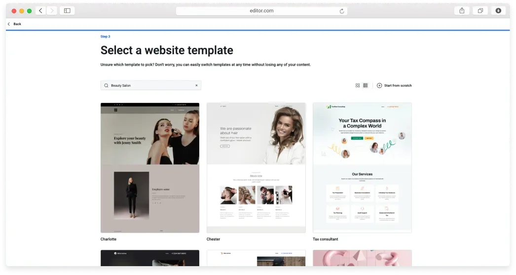 The Website Builder template gallery showing rows of professionally designed template thumbnails