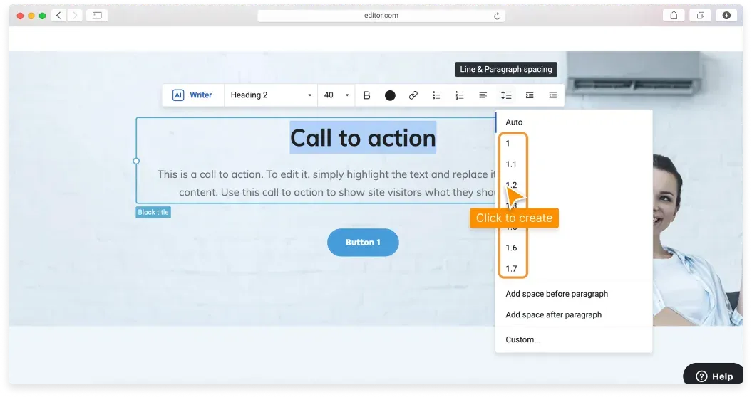 Line and paragraph spacing options open in the text control pane