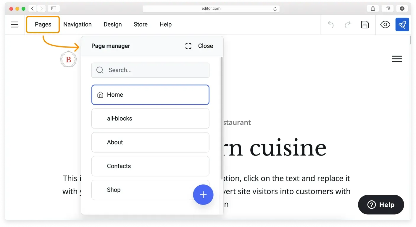 The Website Builder Topbar with the Pages button opening the Page manager menu