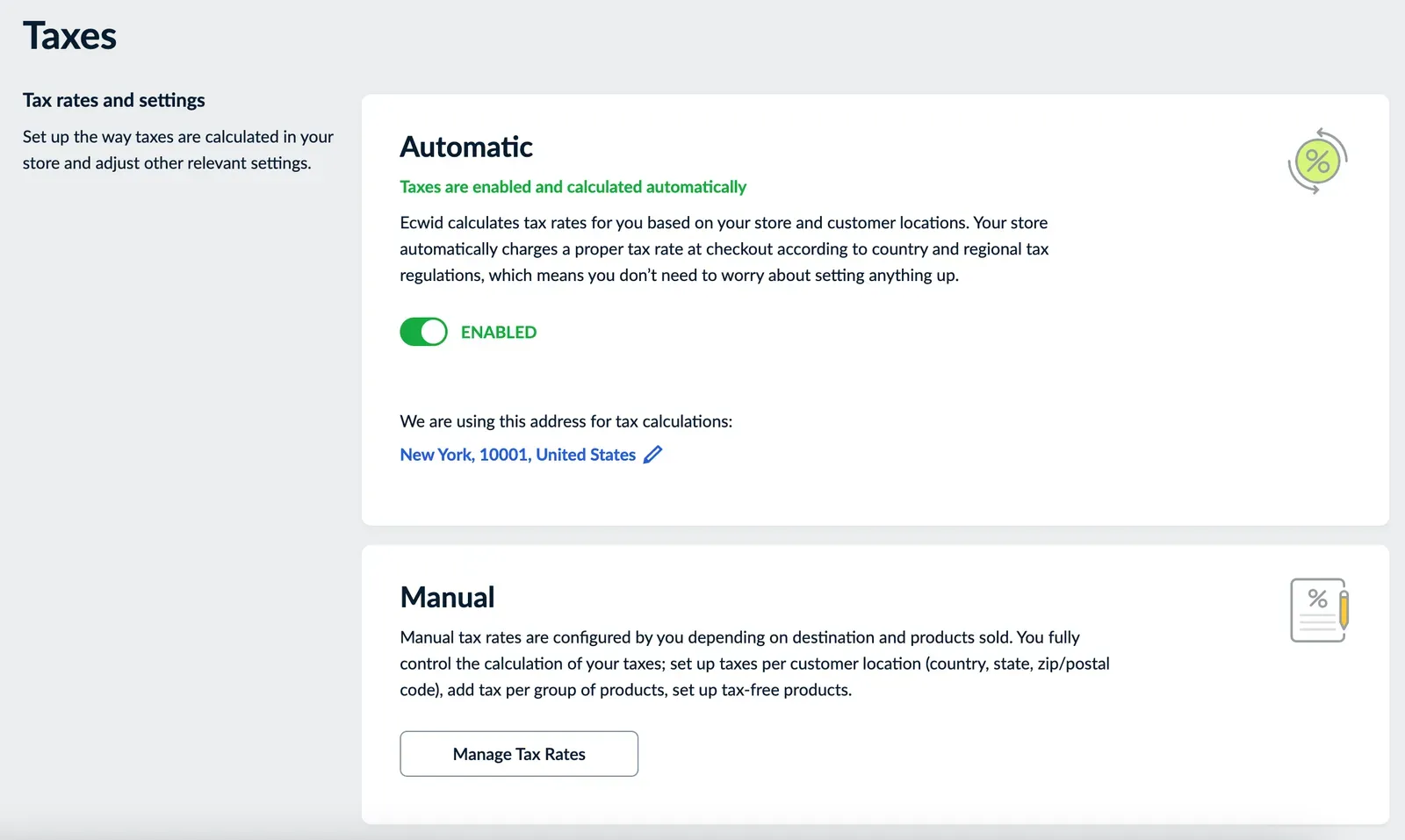 Store tax settings with automatic taxes enabled