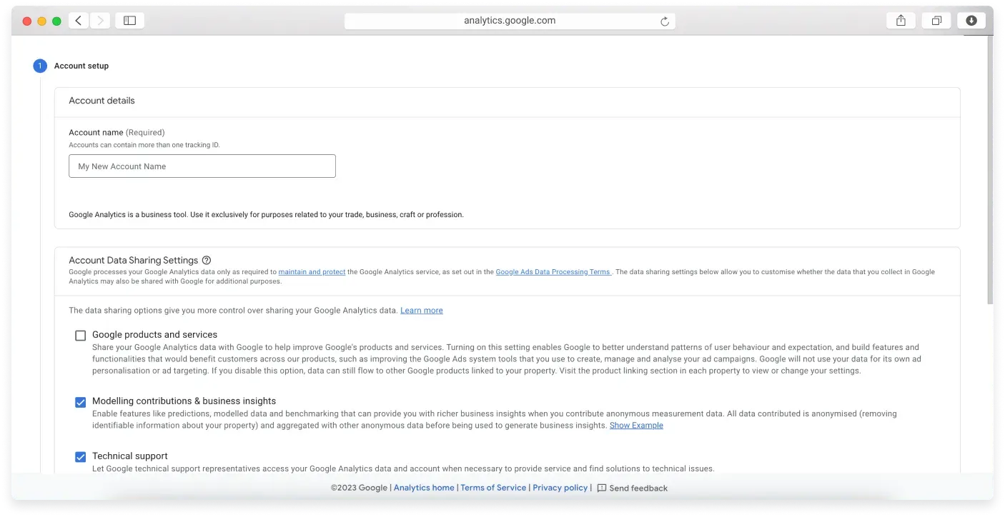 The Google Analytics account setup page with the Create Account button