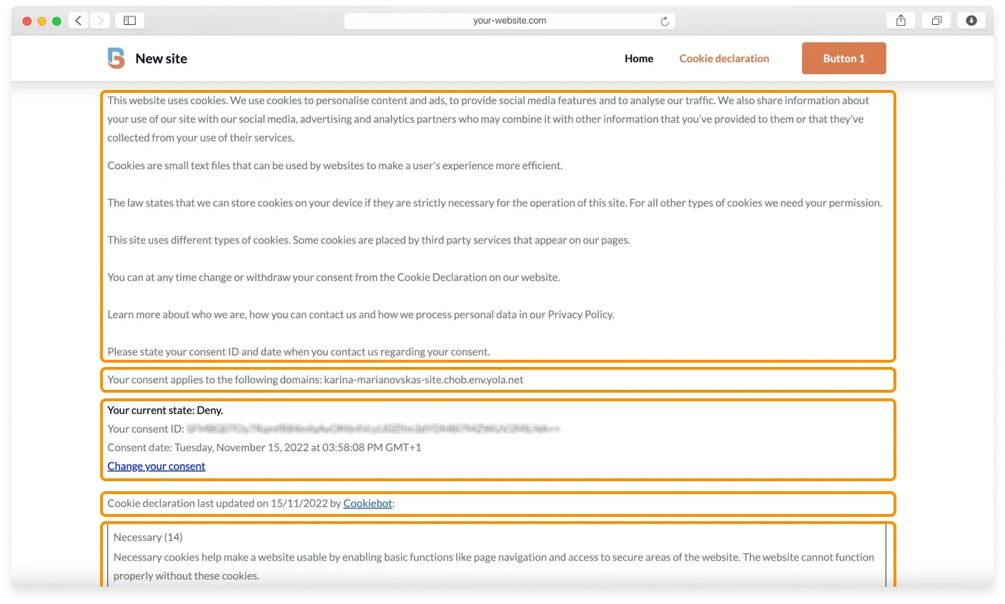 An example cookie declaration on a site showing its introduction, consent options, and a list of cookies by category