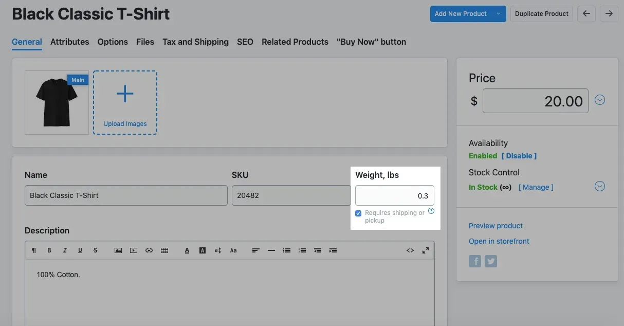 Product editing page with the Requires shipping or pickup setting and the weight field