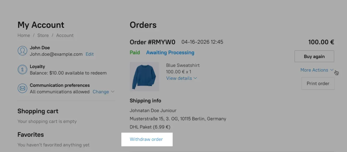 Withdraw order link shown next to an order in a customer account
