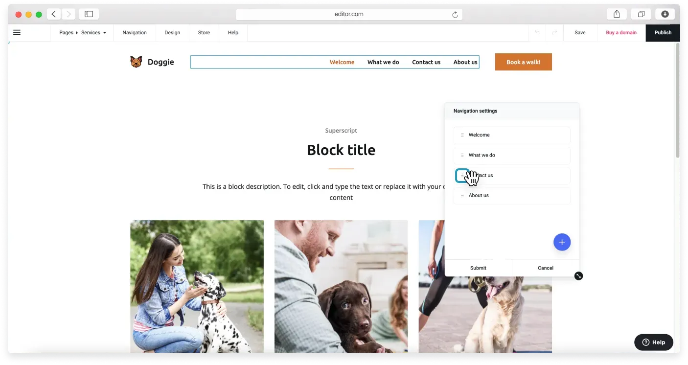 Dragging a navigation item by its stacked lines handle to reorder the menu