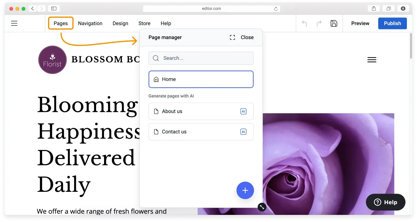 The editor Topbar with the Pages button that opens the Page manager