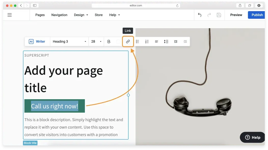 Highlighting text and opening the Link settings menu