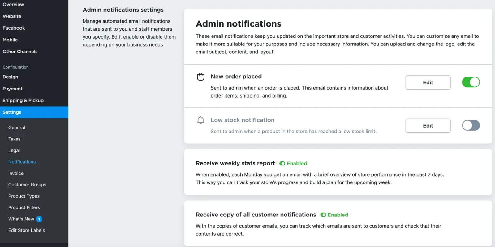 Admin notifications settings with toggles to enable or disable each notification