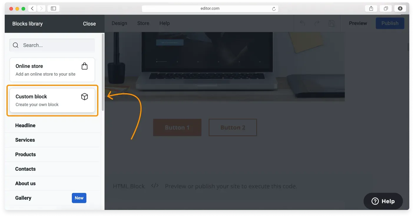The Custom block option shown at the top of the Blocks library