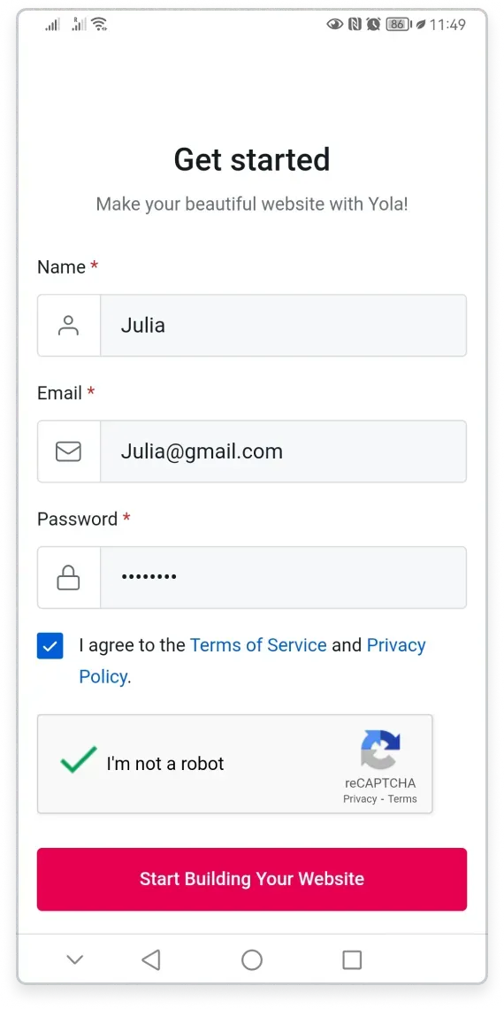 The Get started sign-up page on a phone with fields for name, email, and password