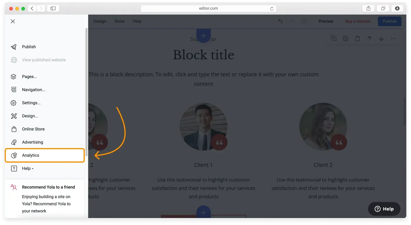 The Main menu open with Analytics listed in the Sidebar