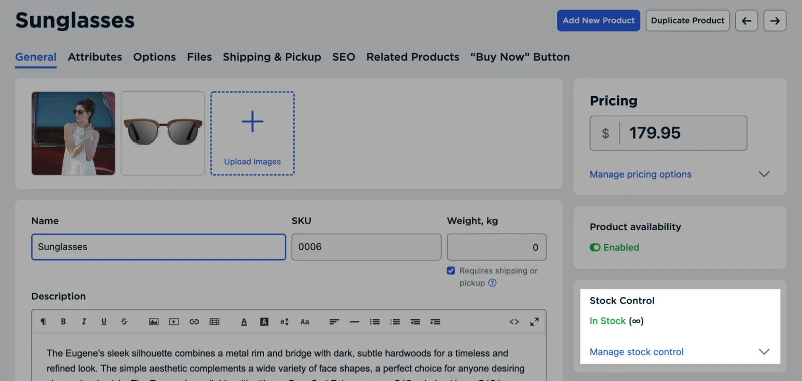 New product form showing the quantity set to Unlimited by default