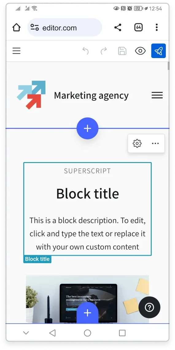 The Website Builder open on a phone, showing a website page ready to edit