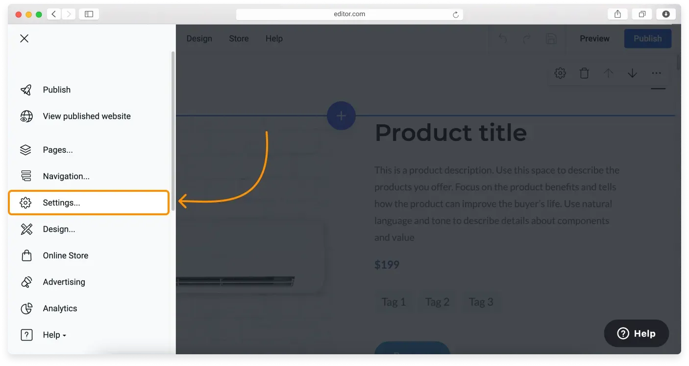 The Settings option in the Website Builder sidebar