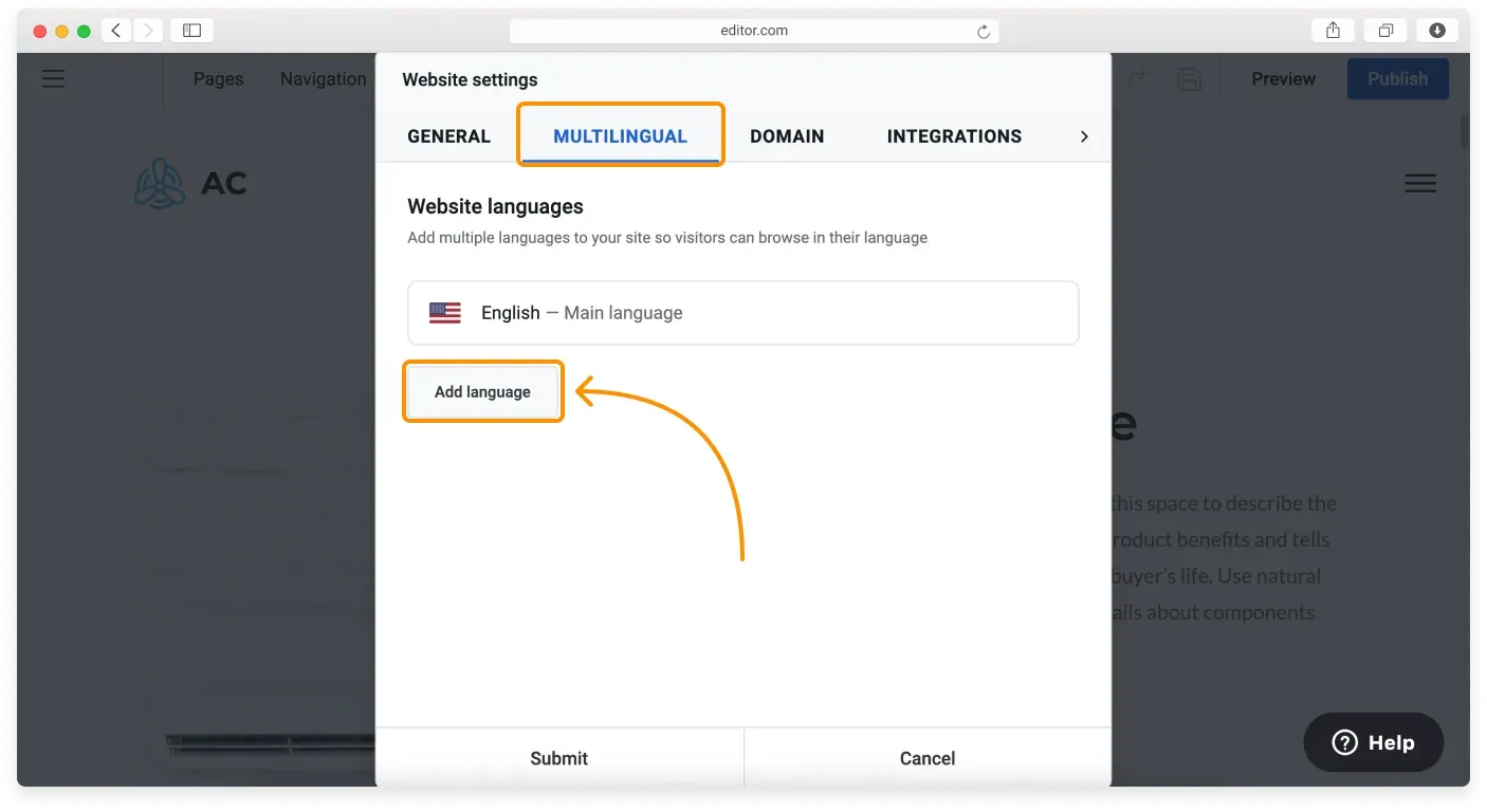 The Add language button in the Multilingual tab of Website settings