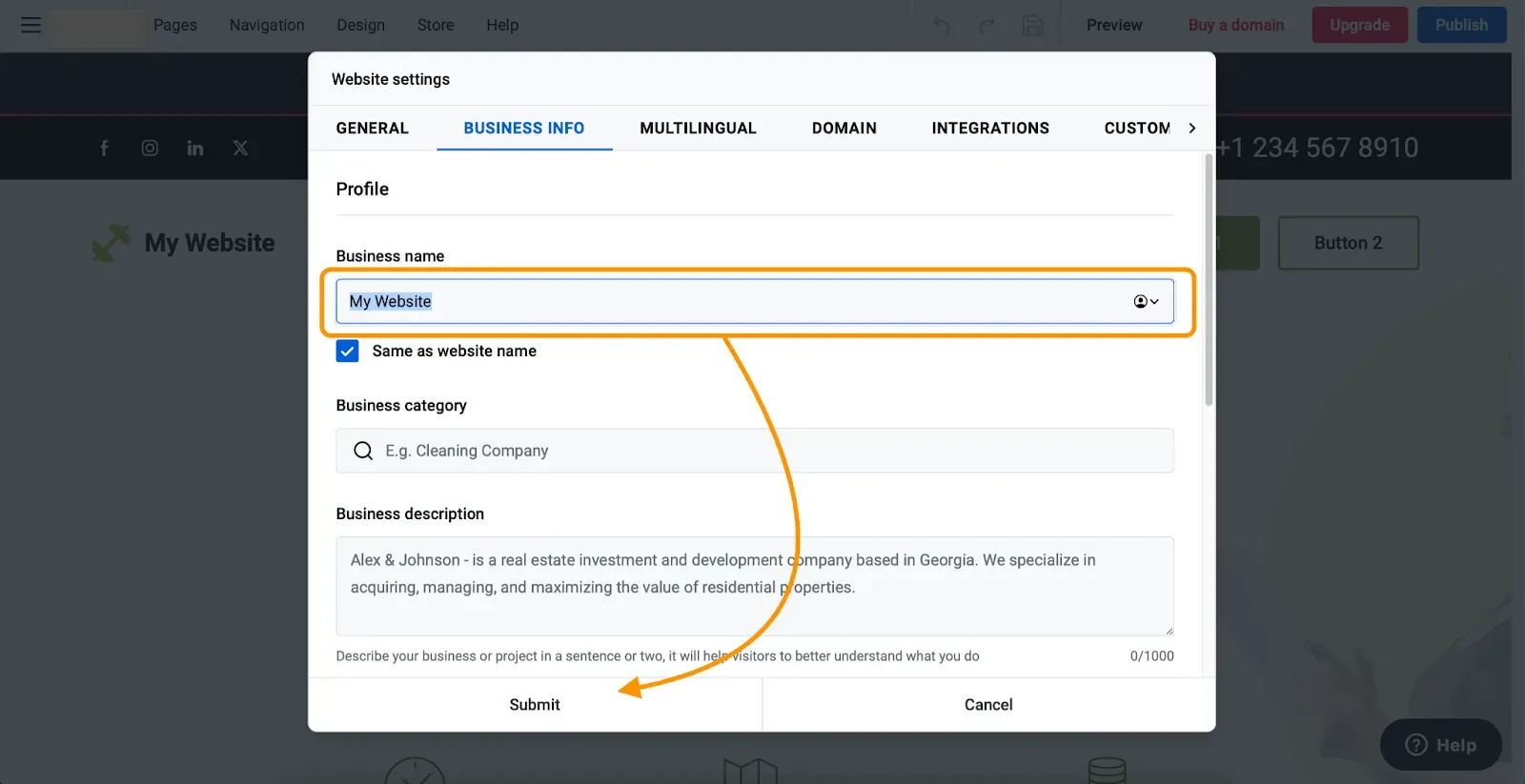 The Business name field in Website settings where you type your new site name
