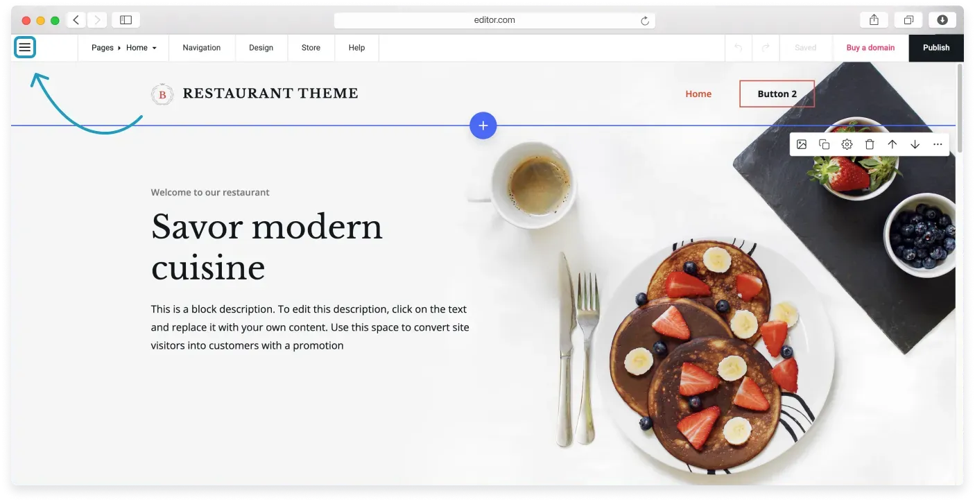 The editor Menu open with the Settings tab for Website settings
