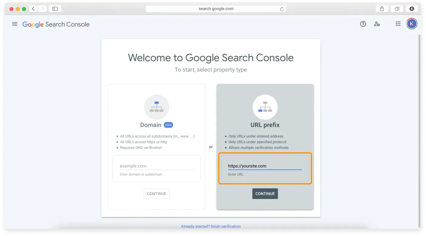 The Google Search Console URL prefix field with a Continue button