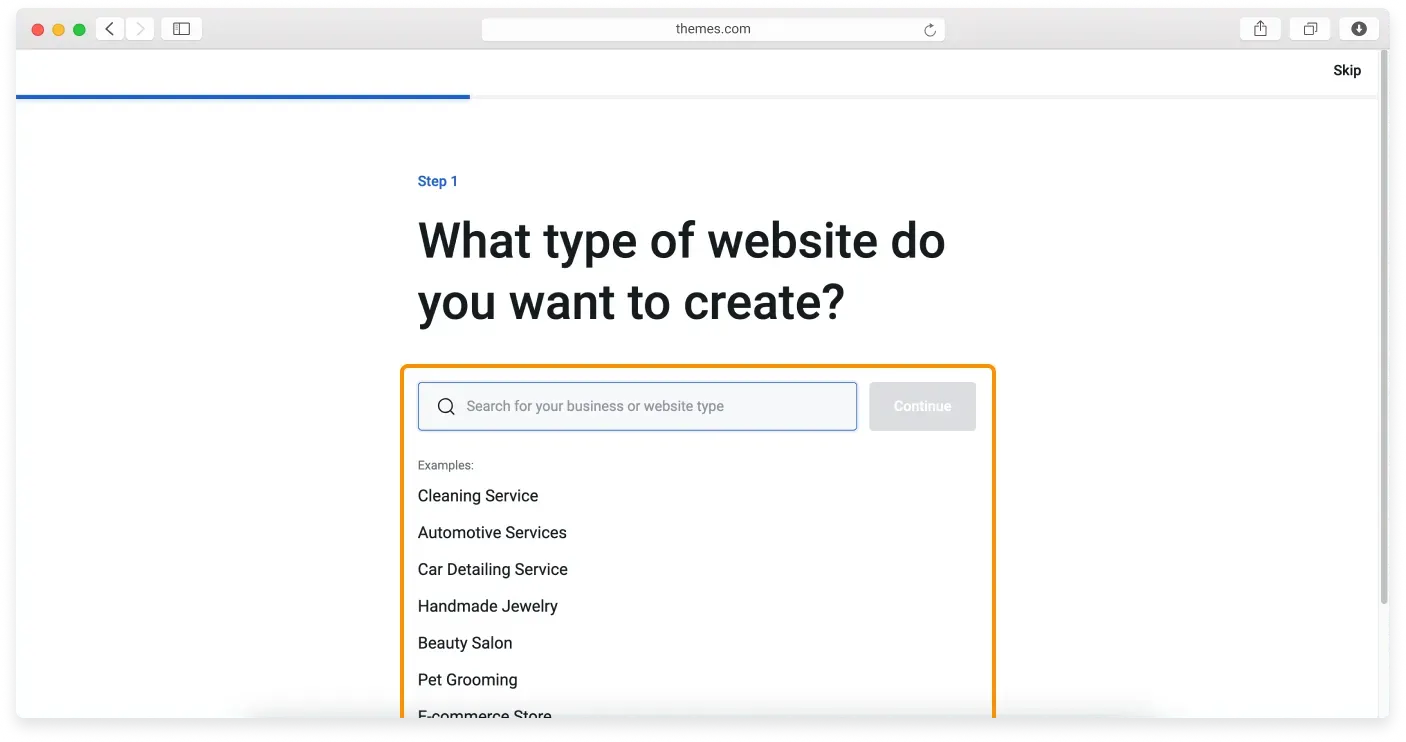 The first wizard step asking what kind of website you want to create, with category suggestions