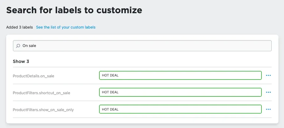 Store Label Editor with a custom label entered in place of the default text