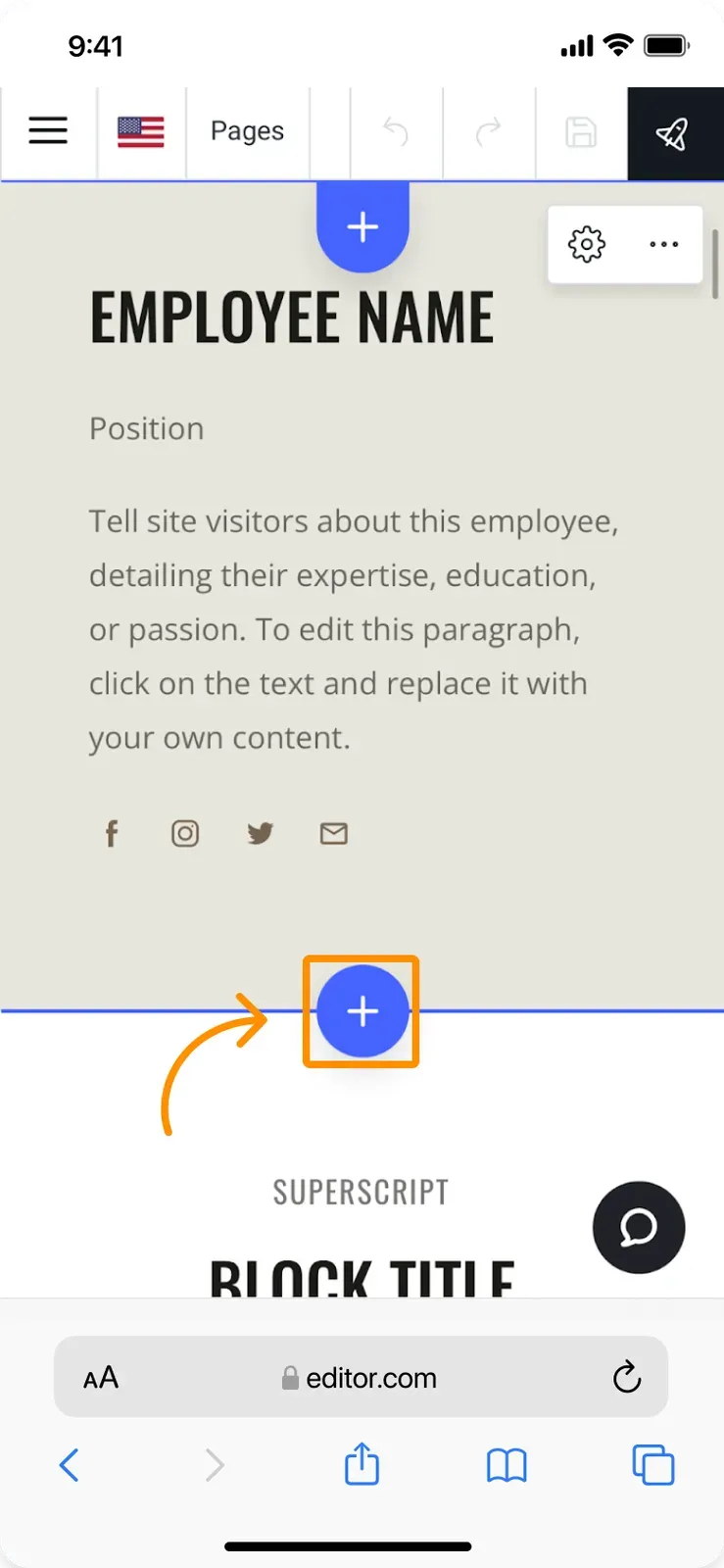 Tapping the border between two blocks on mobile reveals the Add a block button