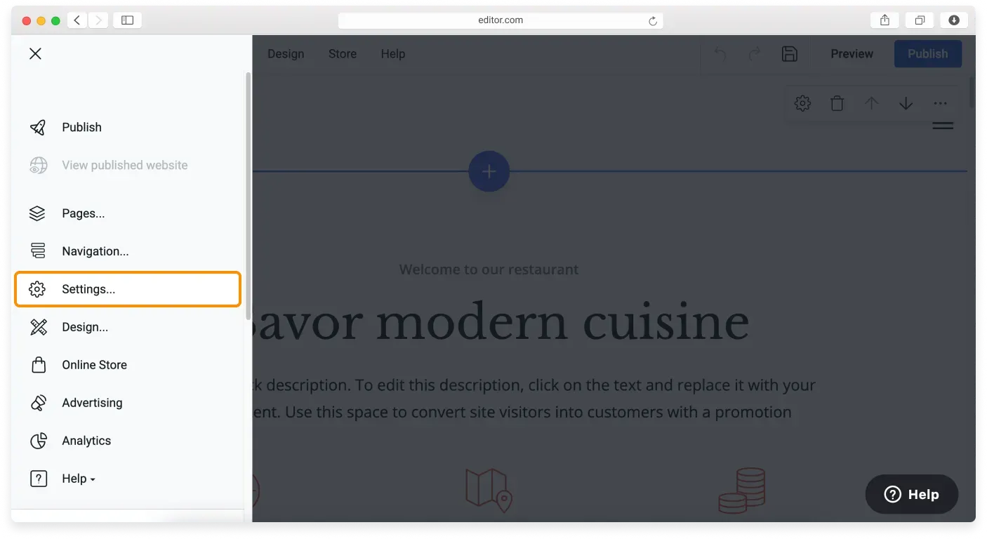 The Website Builder main menu open with Settings selected in the sidebar