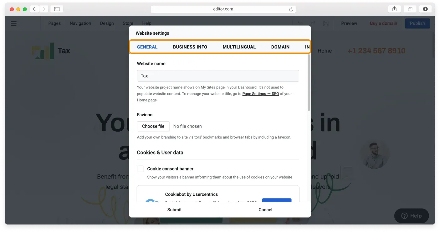 The Website Settings window showing the General, Business info, Multilingual, Integrations, Hosting, and Backup tabs