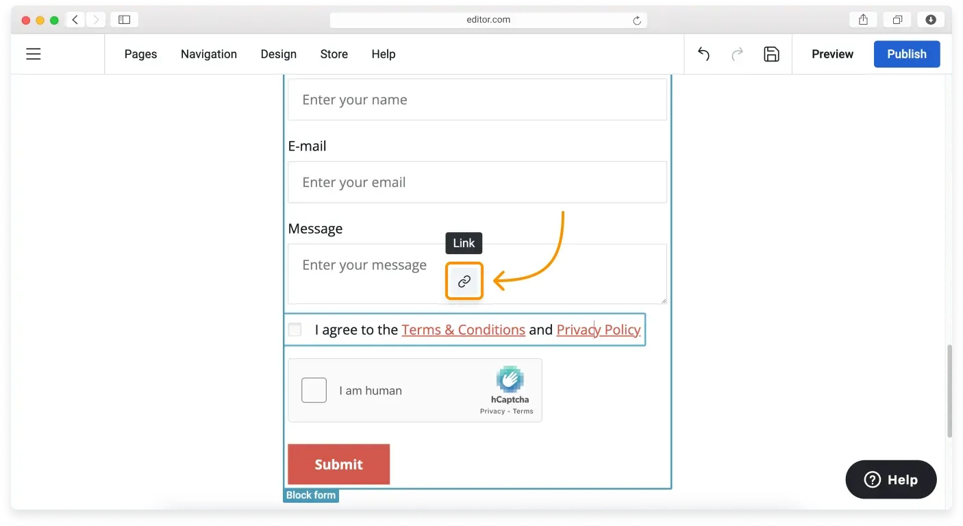 The GDPR consent field in a form with the privacy policy link selected and its Link icon highlighted