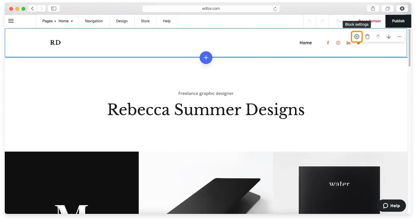 Hovering over the Header block to open its Block settings