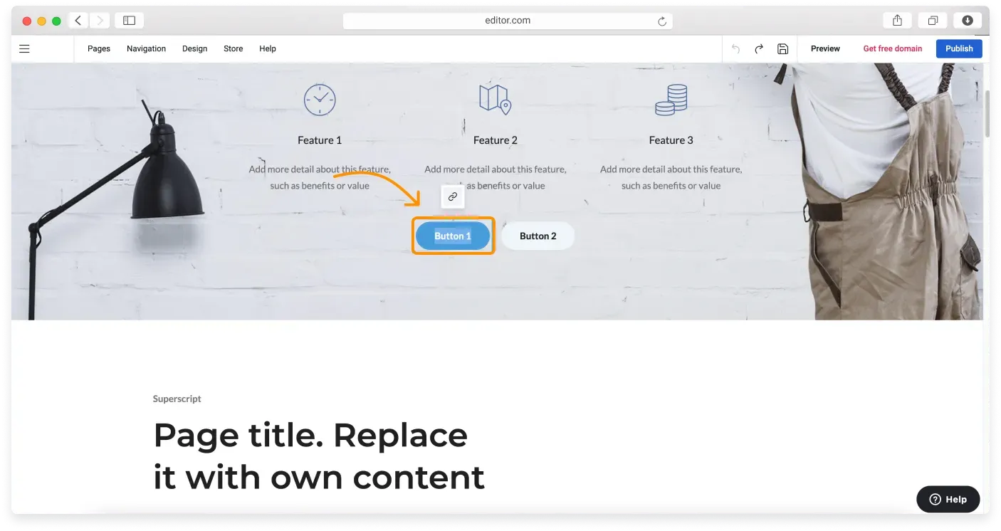 A button selected with its text highlighted for editing