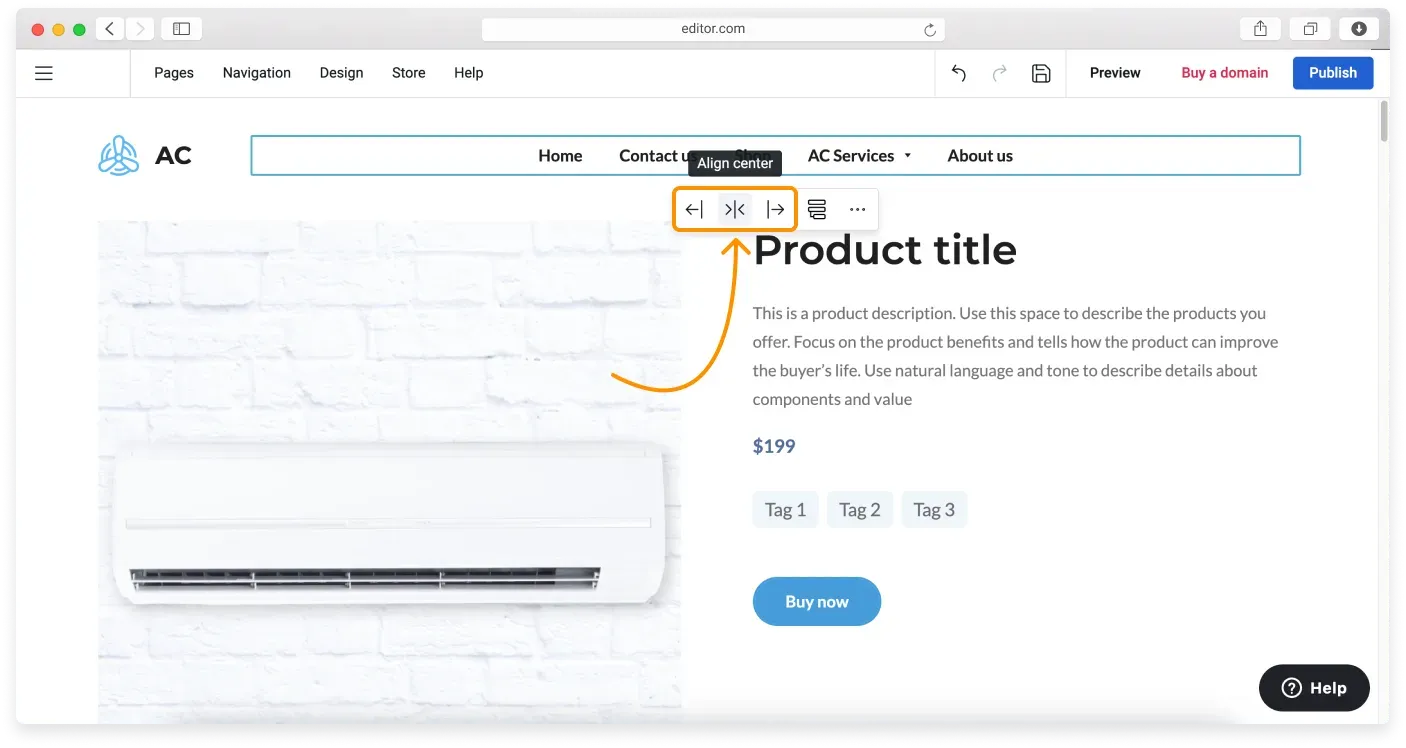 Alignment controls for positioning the navigation menu items in the header