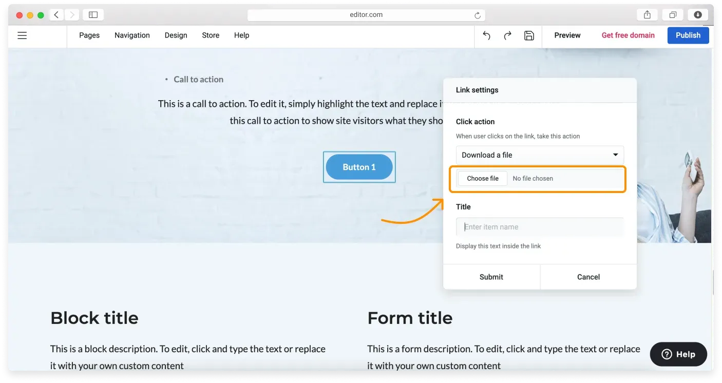 Choosing a file to attach to the download button