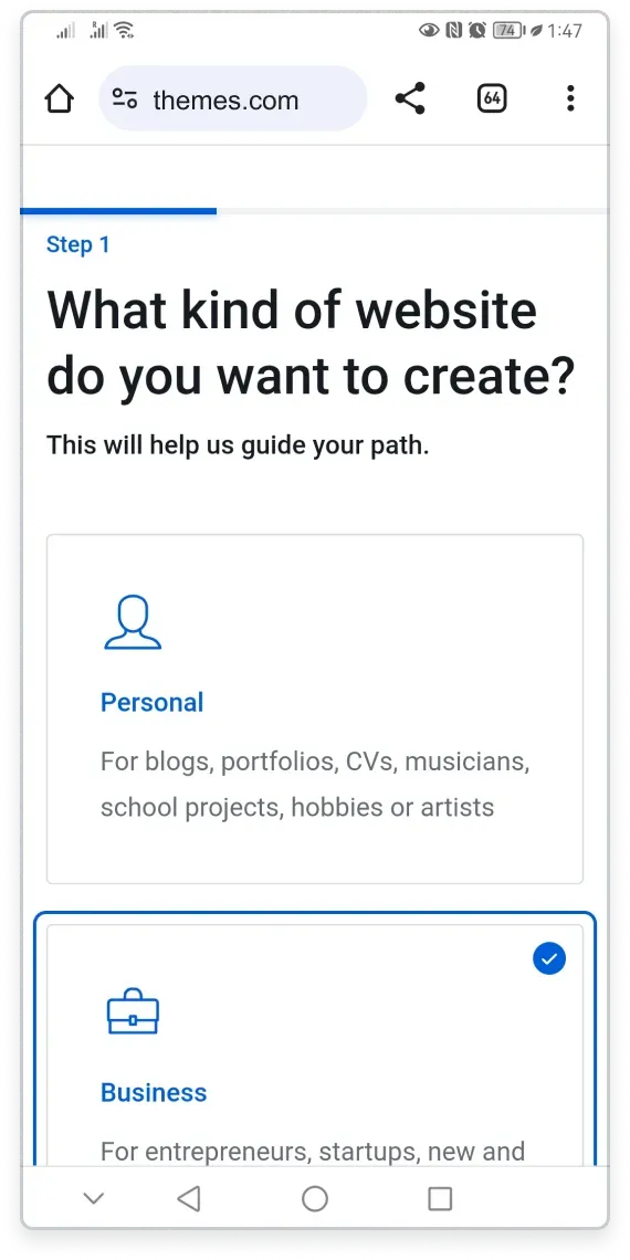 Website type selection on mobile with Personal, Business, Online store, and Community options