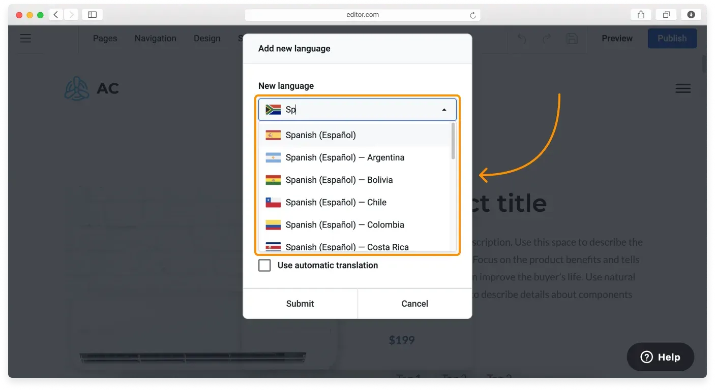 The Add new language menu with a searchable dropdown of languages