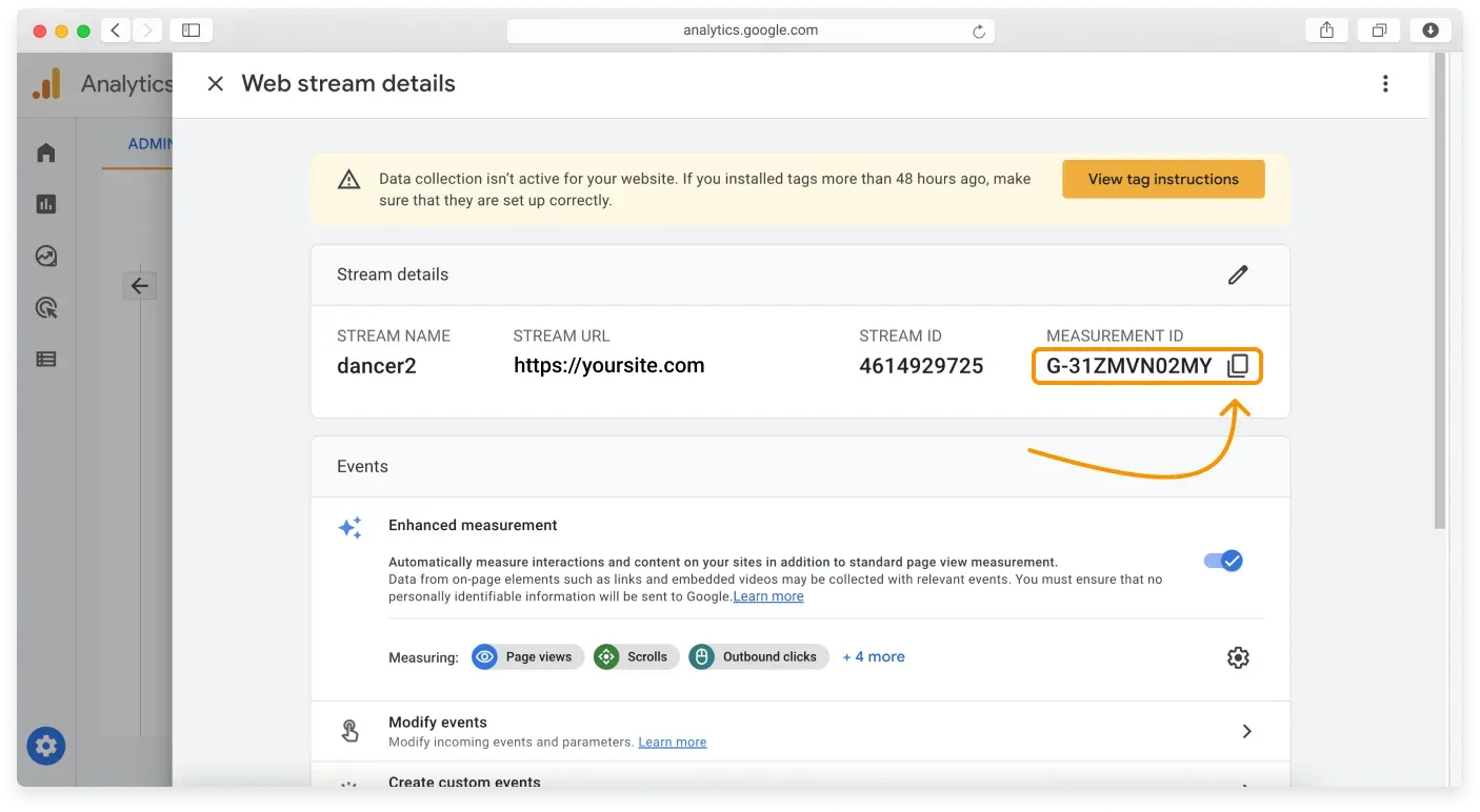 The Google Analytics admin section with the Copy icon next to the Measurement ID