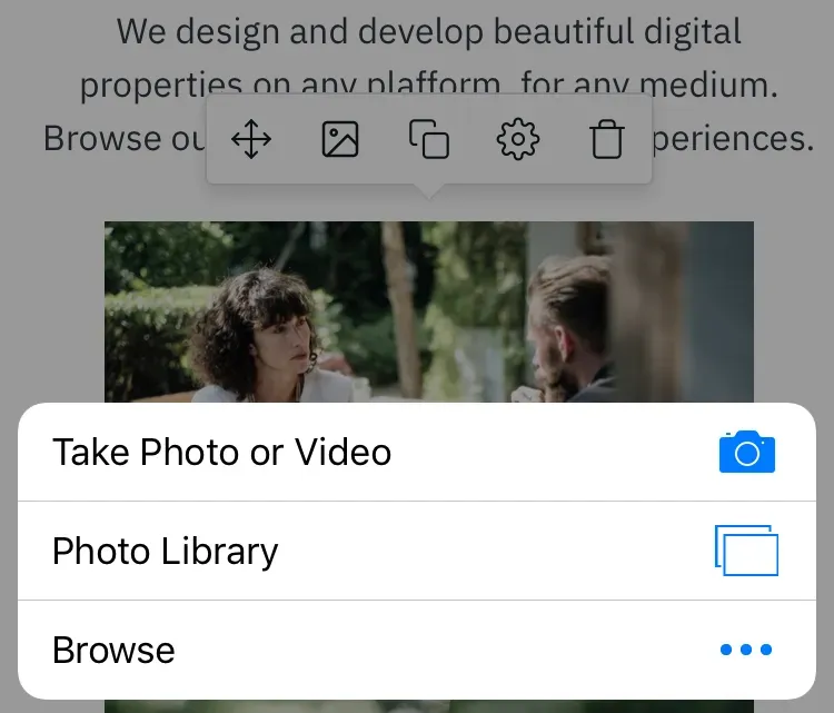 The three image options on mobile: Take Photo or Video, Photo Library, and Browse