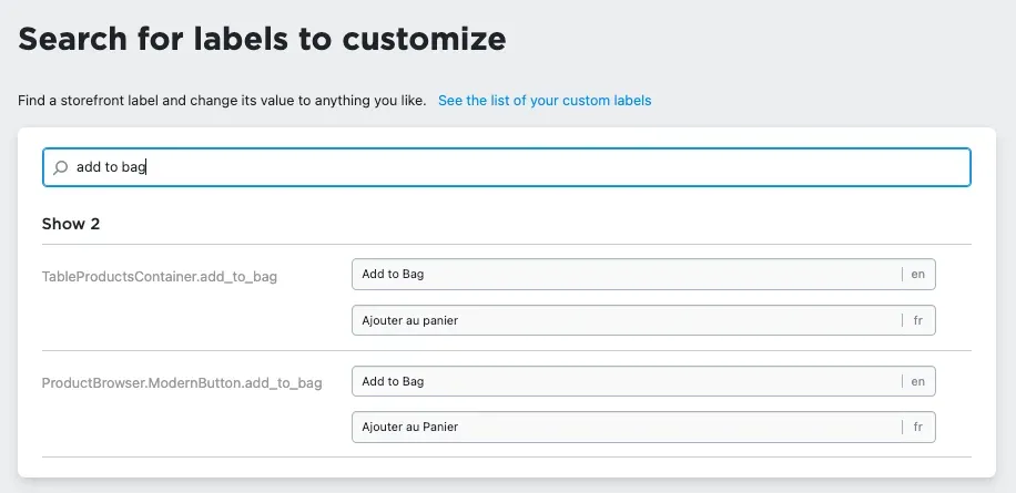 Store Label Editor showing a label being translated for another language