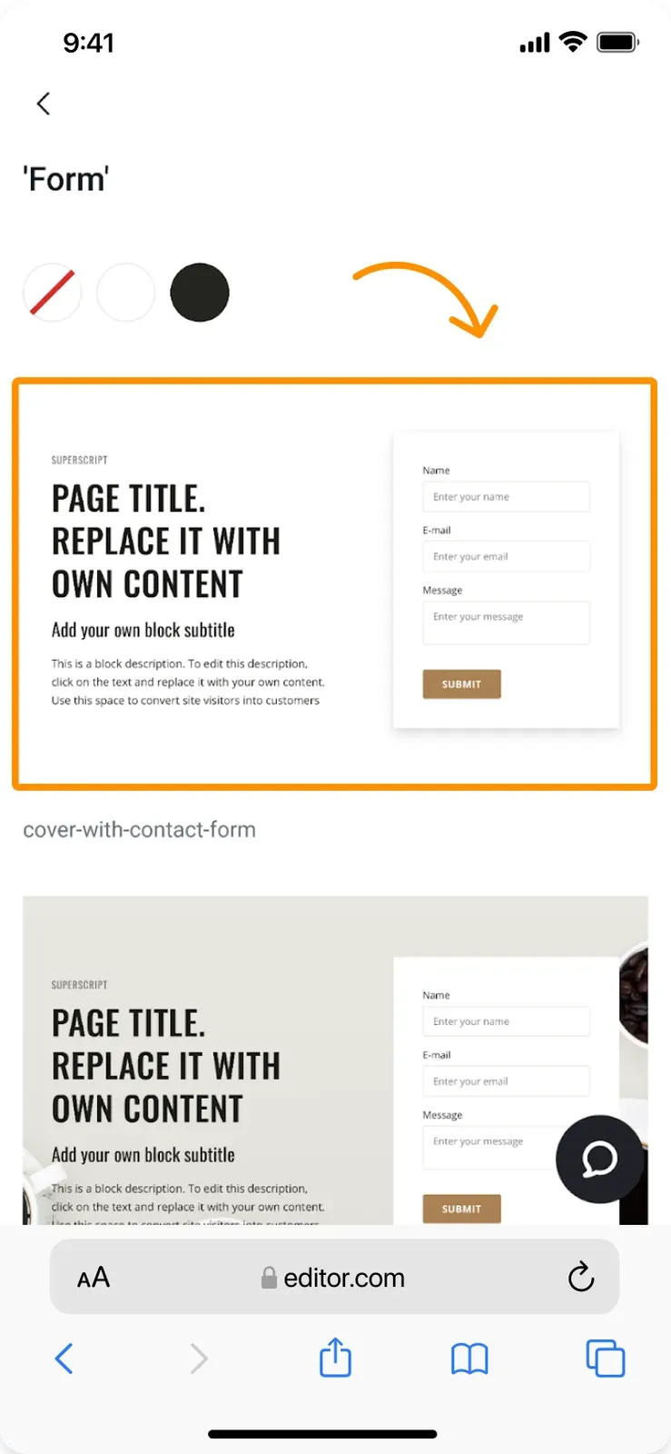 Block Library search on mobile showing results for the term Form