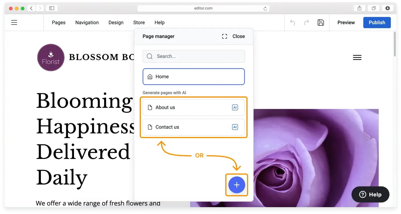 The Page manager with the Generate pages with AI section and the Add page button