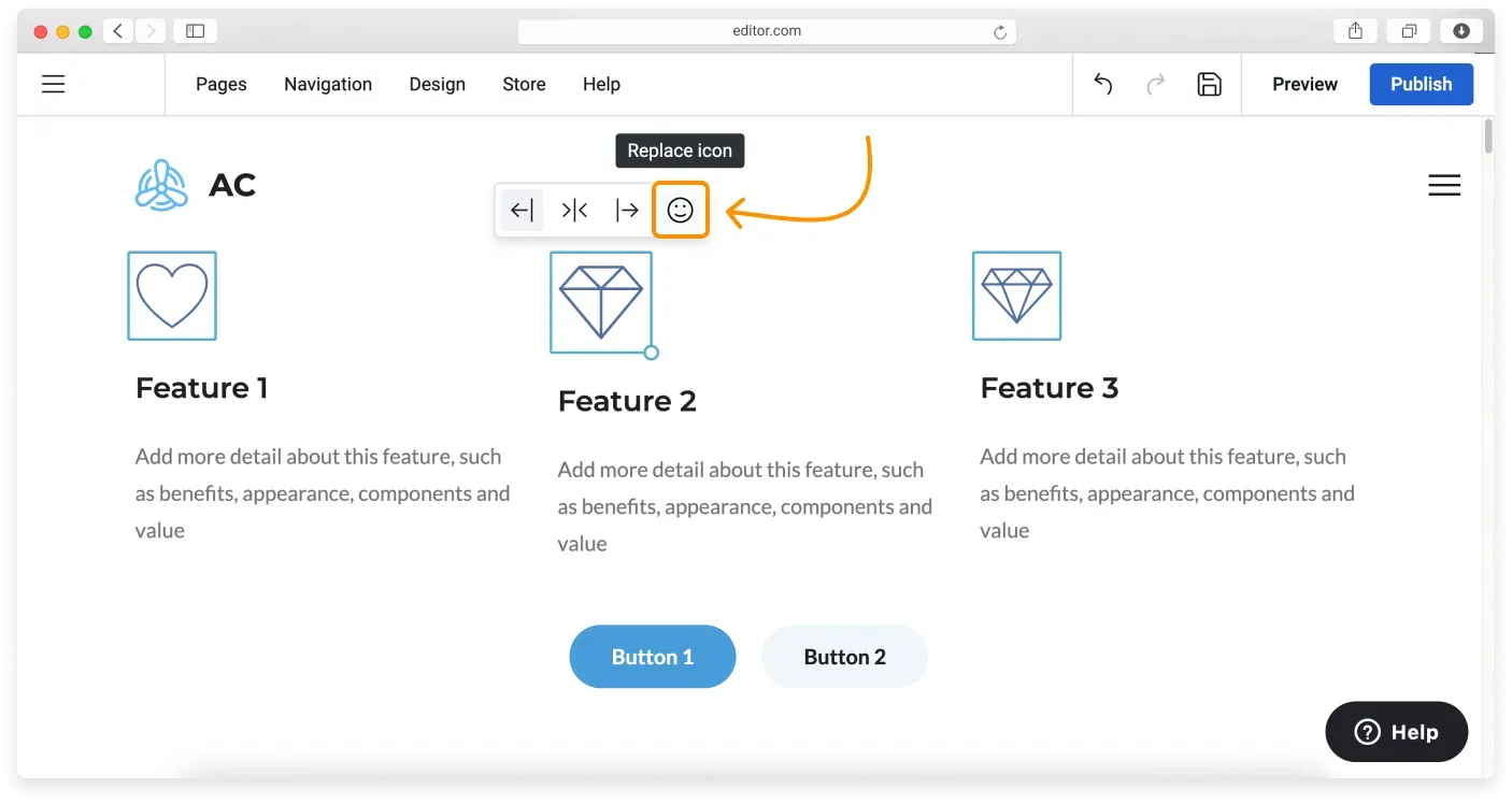 The Replace icon button in the icon control panel