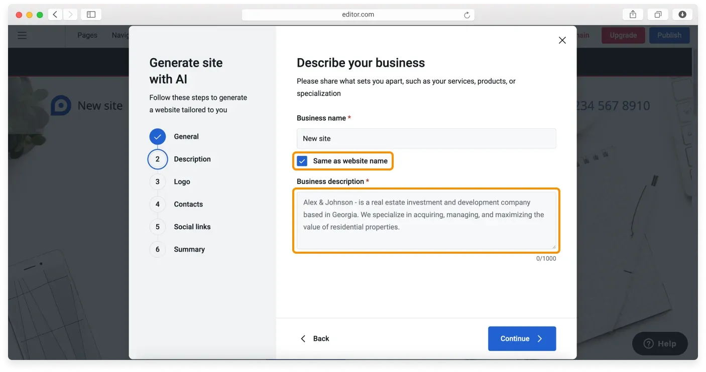 The Describe your business step with fields for a business name and a business description
