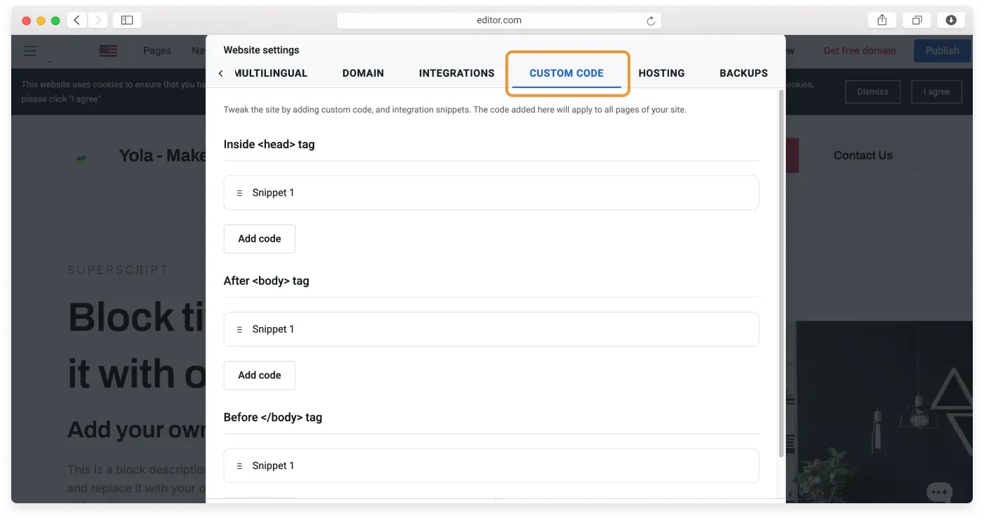 The Custom Code tab open in Website settings