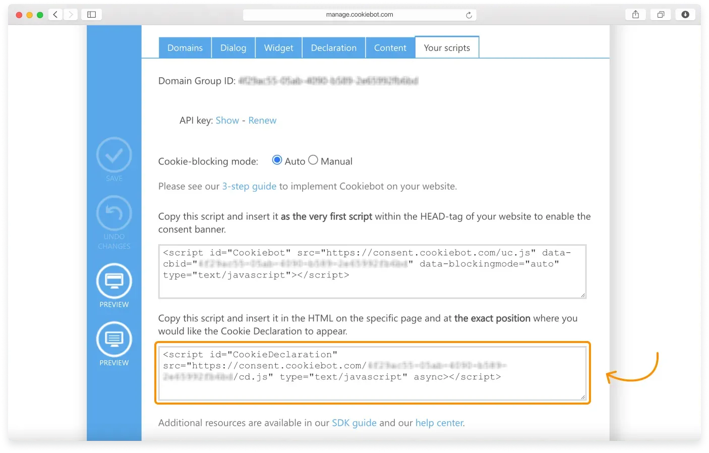 The CookieBot Settings page showing the Your scripts section with the declaration script