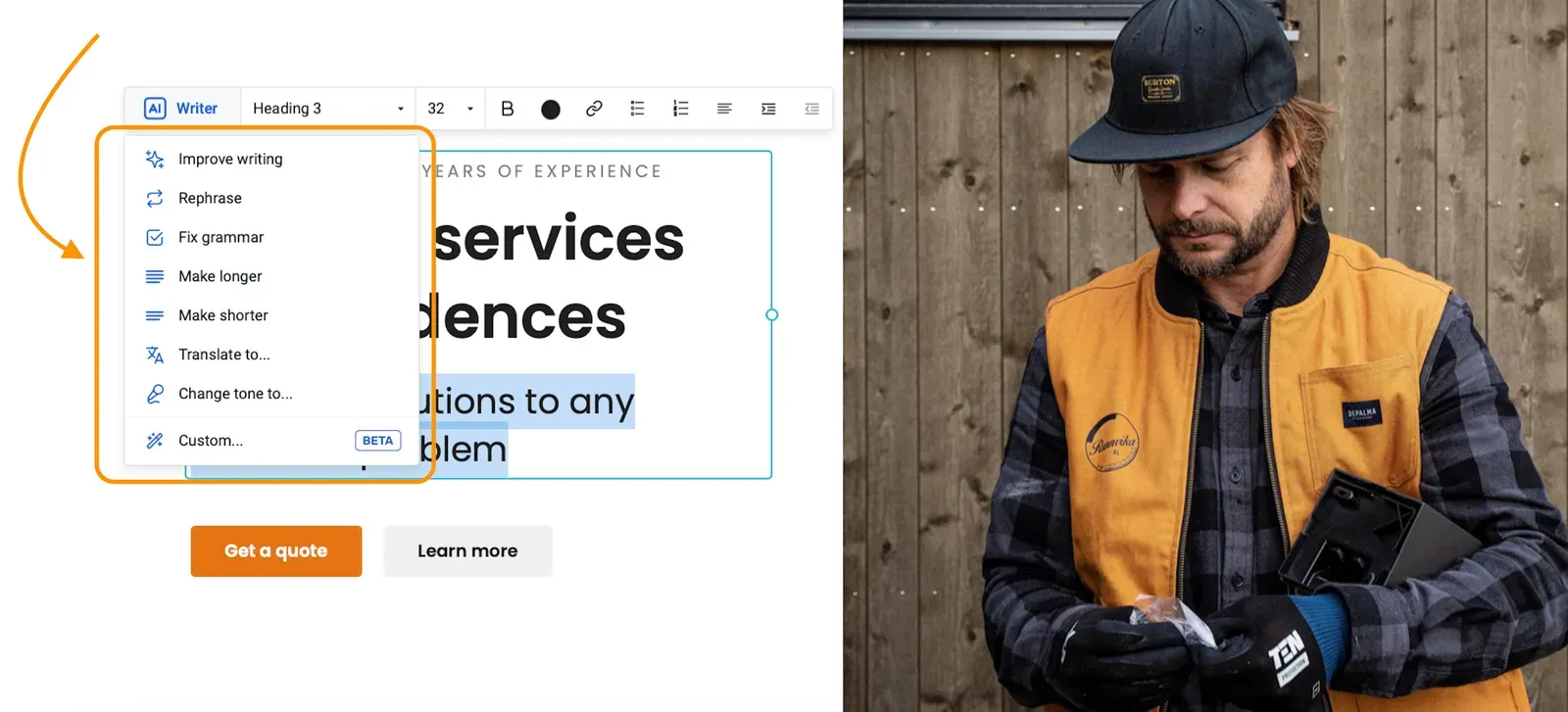 The AI Text Assistant menu showing predefined prompts and a Custom option