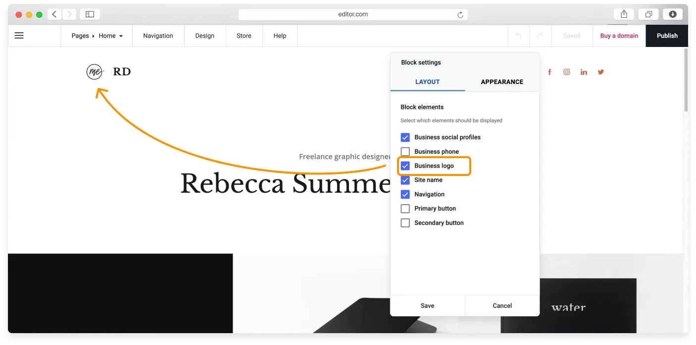 The Business logo checkbox ticked in the Layout tab, showing a placeholder logo