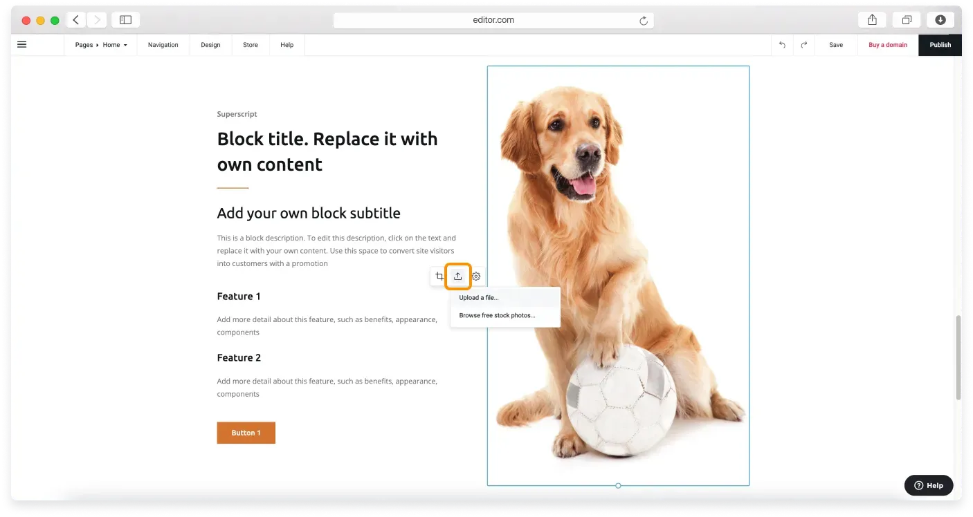 The Upload image icon menu showing the Upload a file option