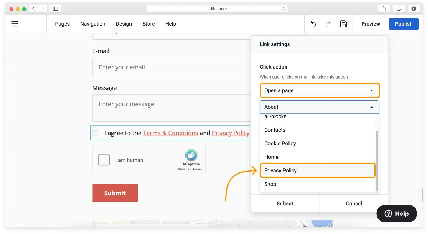 Link settings with Open a page chosen and a privacy policy page selected from the dropdown