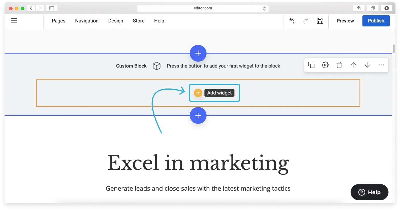 The yellow Add widget button on an empty Custom block on the canvas